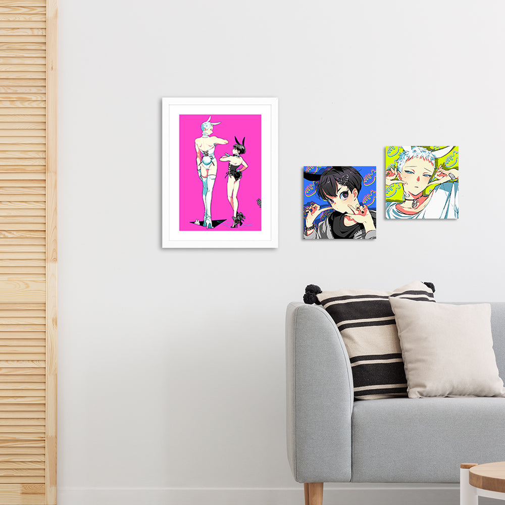 (Goods - High Resolution Print) Boys Gallery Kinako Chara-fine Furimuki Kuro Shiro Bunny A4 Size (Signed by the Artist) Animate International